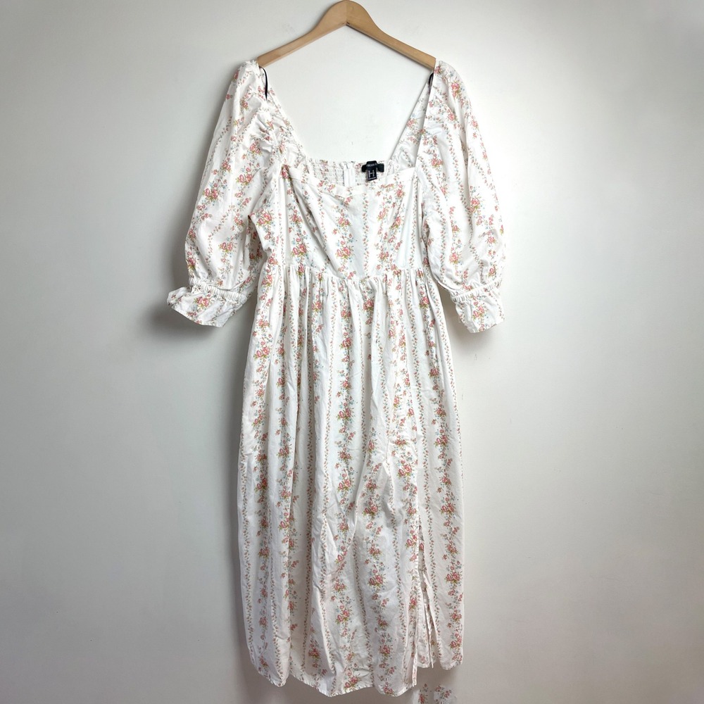 Floral Puff Sleeve Cotton Midi Dress 1X White Cottagecore Milkmaid Prairie